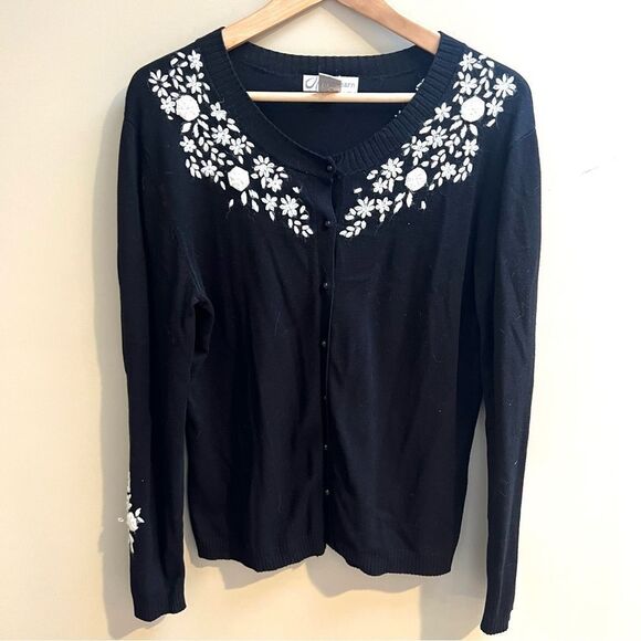 dressbarn Sweaters - Black cardigan with White Floral Embroidery. Size L
